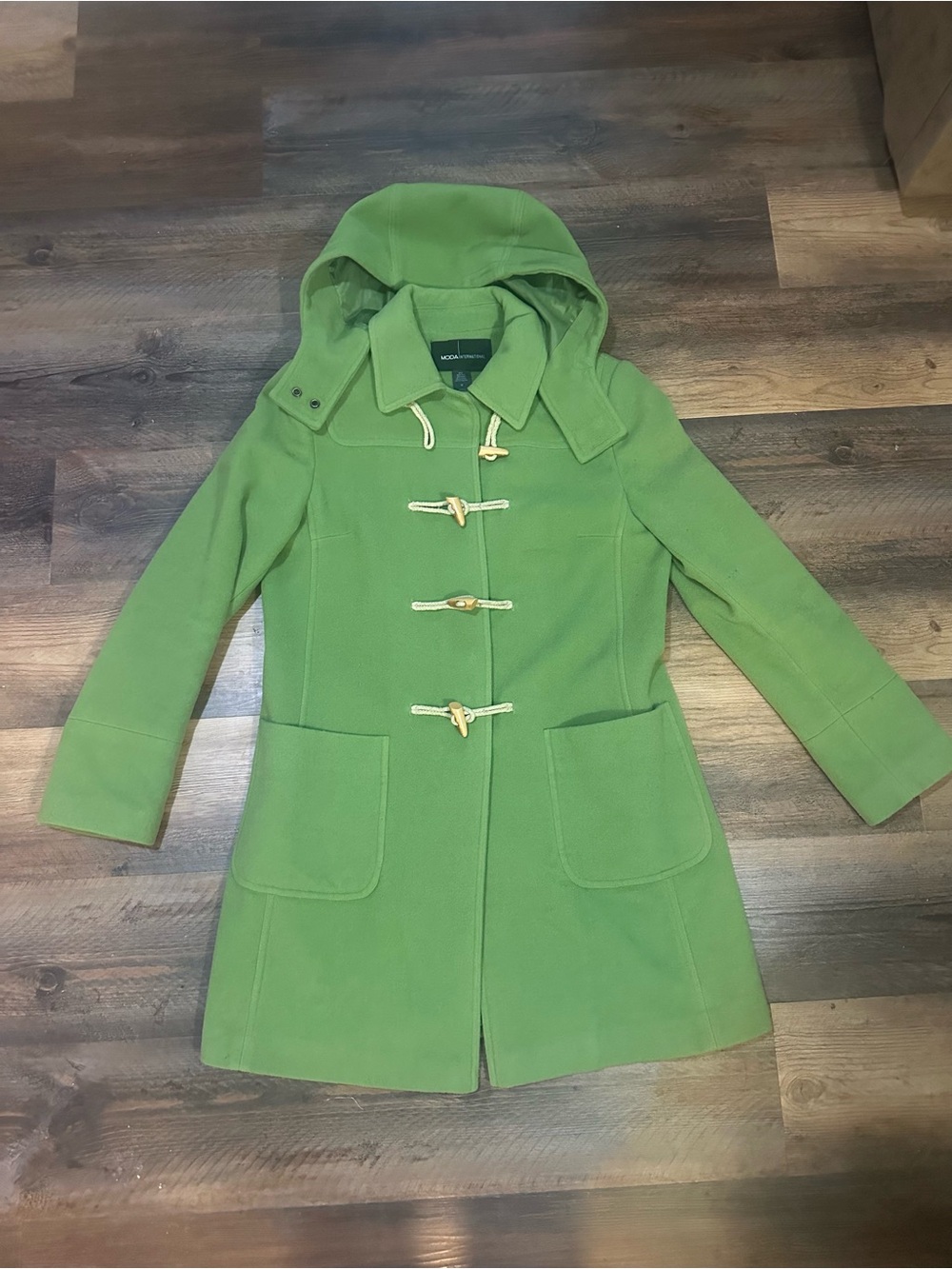 Moda international vintage Wool Toggle Coat with removable Hood - Green